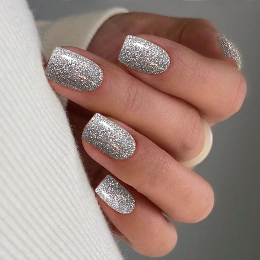 Starry Night Glitter Medium Square Silver Press On Nail Set with Sparkling Finish