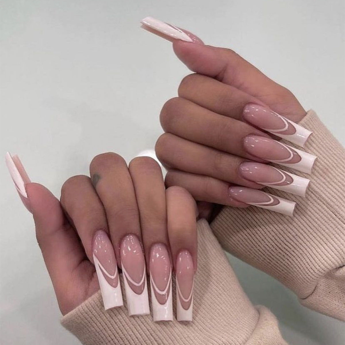Elegant Affair Long Square Beige Press-On Nail Set with White Swirl Accents