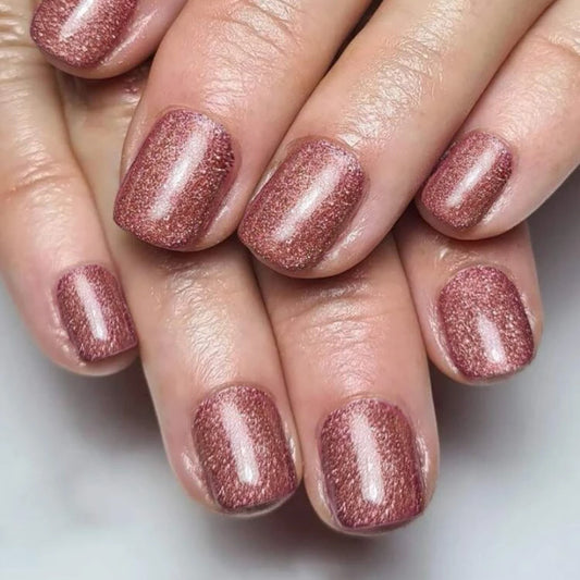 Elegant Autumn Glow Rose Gold Medium Length Square Press On Nail Set with Shimmer Finish