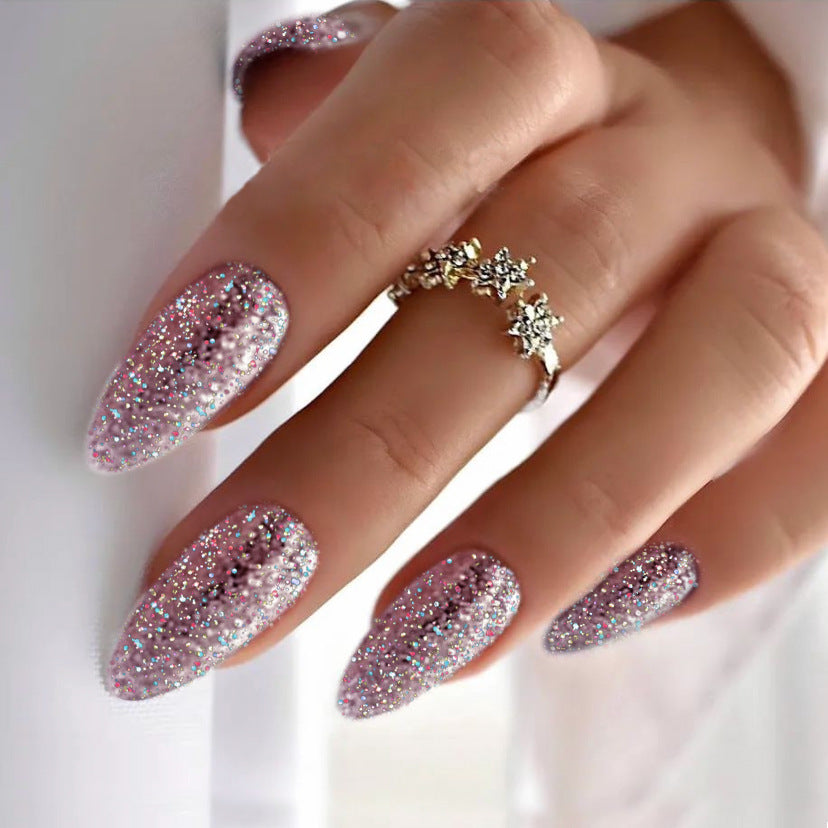 Starry Elegance Medium Almond Pink Glitter Press On Nail Set with Rhinestone Accents