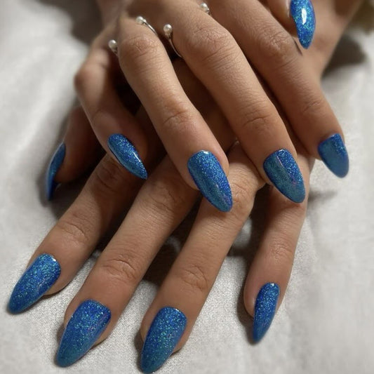 Midnight Sparkle Medium Almond Sapphire Blue Glitter Press On Nail Set