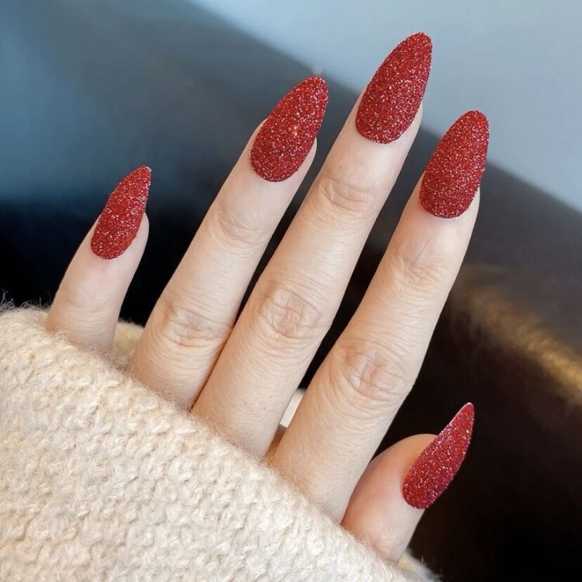 Glamorous Gala Long Almond Burgundy Glitter Press On Nail Set