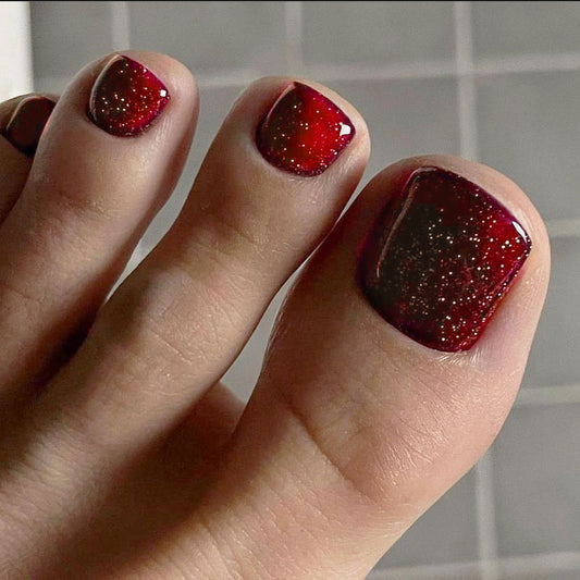 Glamorous Gala Short Square Red Glitter Press On Toenail Set with Sparkly Accent