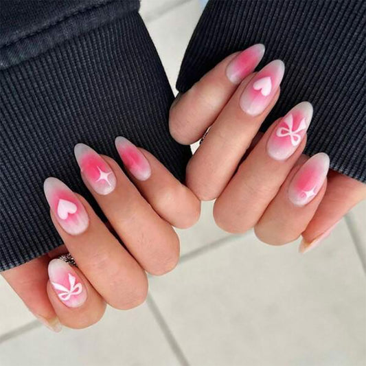 Spring Bloom Long Almond Pink Ombre Press On Nail Set with Floral Accent Design