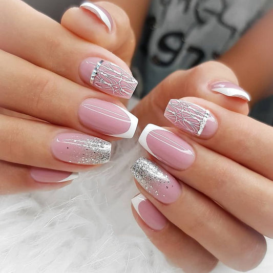Elegant Bridal Medium Coffin Pink Press On Nails with Glitter Accents and White Lace Design