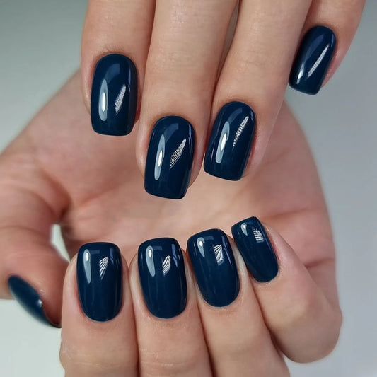 Midnight Elegance Short Square Deep Blue Press On Nails with Silver Stripe Accent