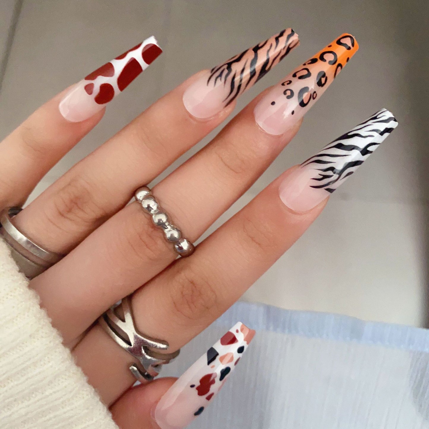 Wild Safari Adventure Long Coffin Multicolor Animal Print Press On Nail Set