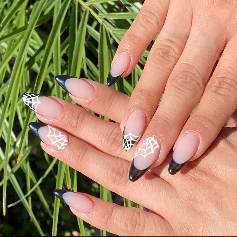 Enchanted Spiderweb Elegance Medium Almond Gradient Black to Beige Press on Nail Set with Intricate Web Design