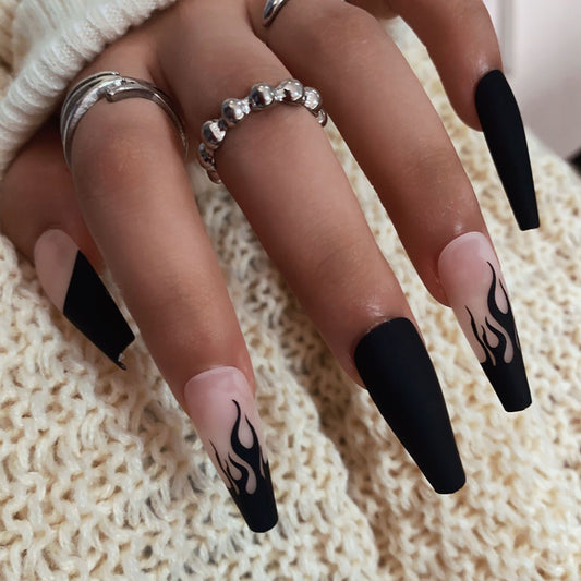 Mystic Flames Extra Long Coffin Black and Beige Press On Nail Set with Flame Accents