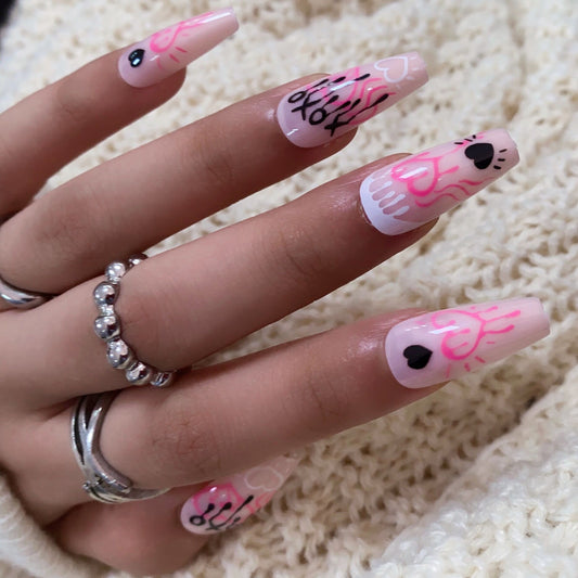 Enchanted Pink Whimsy Extra-Long Coffin Press-On Nails with White Accents and Playful Animal Faces