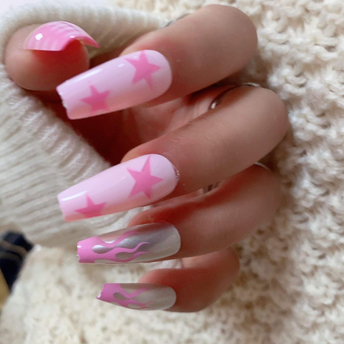 Stargazer Fantasy Long Coffin Pink Ombre Press On Nail Set with Star Accents and Wave Patterns