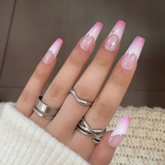 Elegant Ombre Fantasy Extra Long Coffin Pink Press on Nails with Moon and Star Accents
