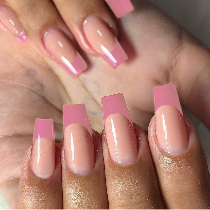 Elegance in Pink Long Coffin French Tip Press On Nail Set - Beige and Blush Color Gradient with Glossy Finish