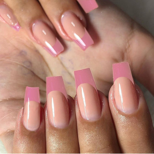 Elegance in Pink Long Coffin French Tip Press On Nail Set - Beige and Blush Color Gradient with Glossy Finish