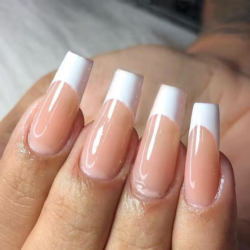 Elegant French Manicure Long Square Peach and White Press On Nail Set with Glossy Finish