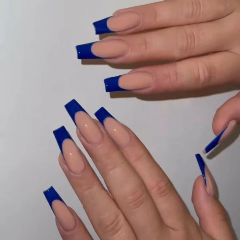 Midnight Elegance Long Coffin Royal Blue Press On Nail Set with Glossy Finish and French Tip Design