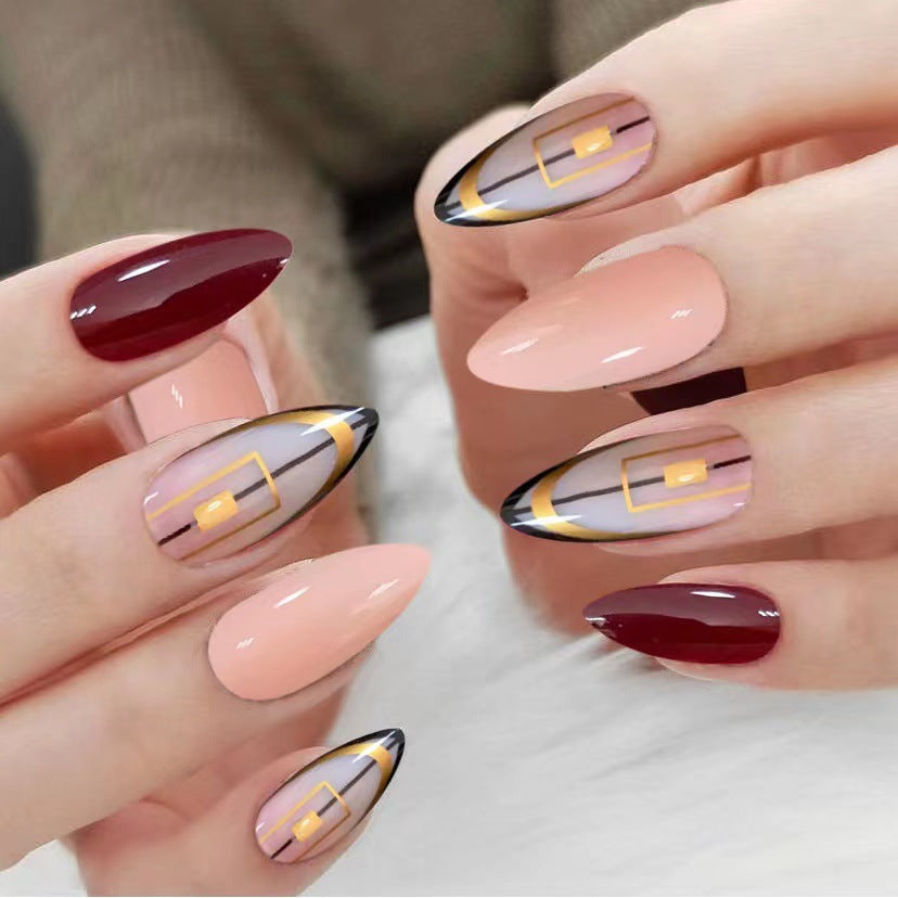Elegant Affair Long Almond Press On Nail Set, Burgundy & Beige with Geometric Gold Accents