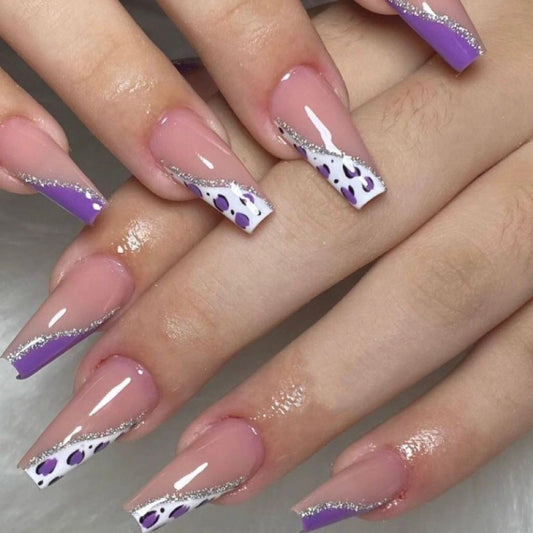 Lavender Fantasy Long Coffin Press On Nail Set, French Tip with Purple Accents and Sparkling Silver Details