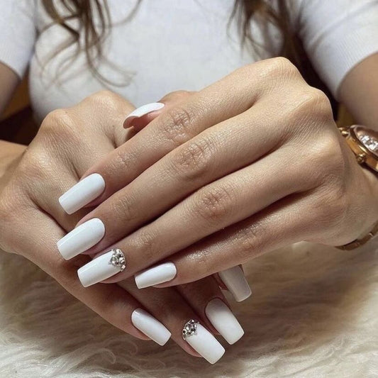 Elegant Bridal Medium Square White Press On Nail Set with Rhinestone Accents