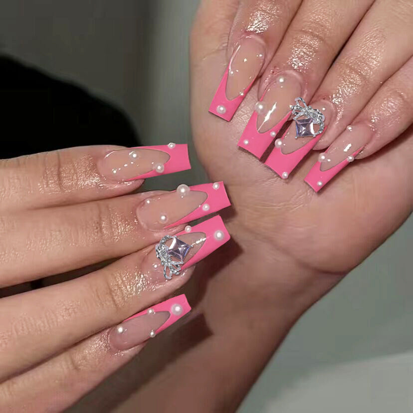 Enchanted Elegance Medium Coffin Pink Press on Nail Set with Rhinestone Accents and Glitter Highlights