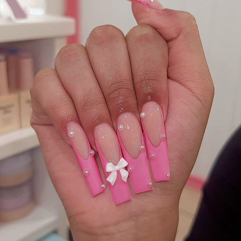 Enchanted Elegance Long Square Pink Press On Nail Set with Rhinestones and Bow Accents