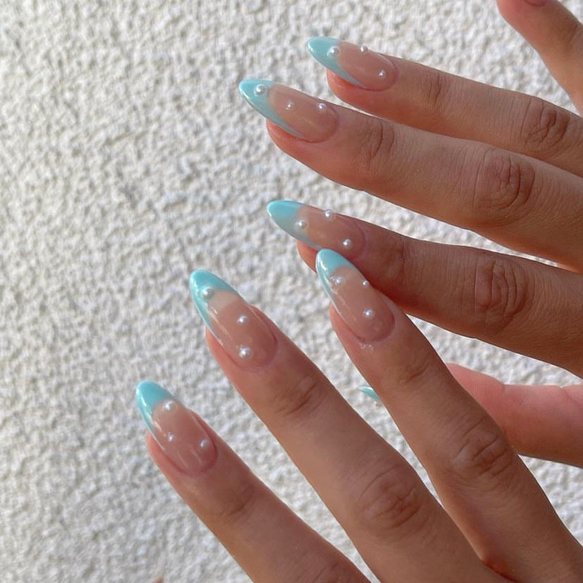 Mermaid Charm Long Almond Aqua-Tipped Press On Nail Set with Pearl Accents