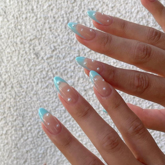 Mermaid Charm Long Almond Aqua-Tipped Press On Nail Set with Pearl Accents