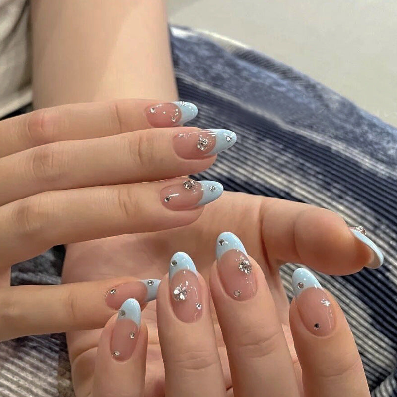 Starry Sky Elegance Medium Almond Baby Blue Press On Nails with Rhinestone Accents