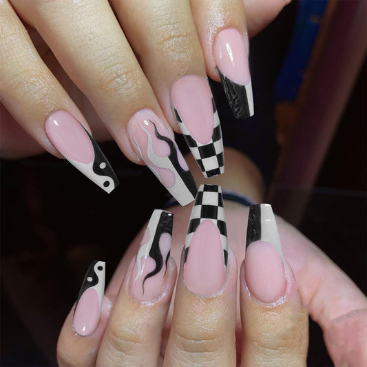 Modish Racing Flag Medium Coffin Pink & Black Checkered Press On Nail Set with Smoke Accent Design