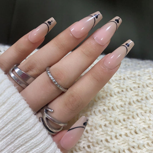 Elegant Soir‚âàŒ©e Medium Coffin Beige Press On Nails with Black Accent Art Design