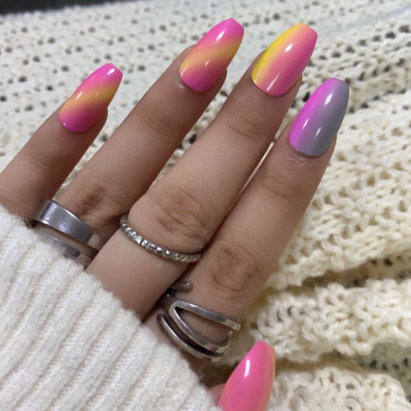 Tropical Sunset Medium Coffin Gradient Pink Press On Nail Set with Color-Shifting Hues