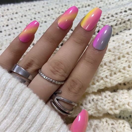 Tropical Sunset Medium Coffin Gradient Pink Press On Nail Set with Color-Shifting Hues