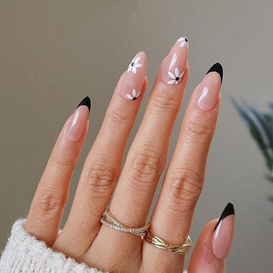 Spring Blossom Long Almond-Shaped Press On Nail Set in Beige and Black with Floral Accents