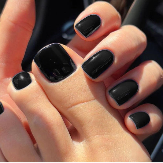 Midnight Elegance Long Square Glossy Black Press On Nail Set with UV Reactive Finish