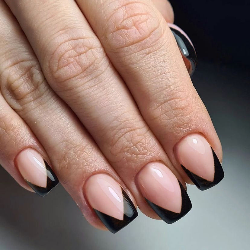 Elegant Evening Square-Shaped Medium Length Pink and Black Ombre Press On Nail Set with Glossy Finish