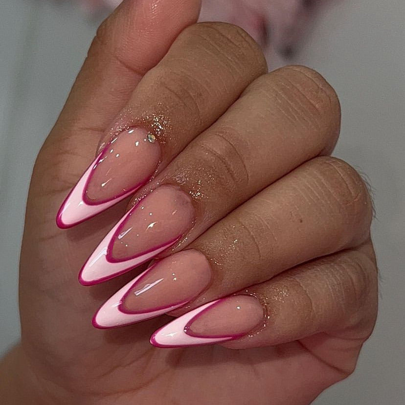 Elegant Evening Long Almond Beige Pink Press On Nails with Glitter Accents