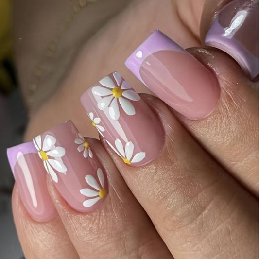 Spring Blossom Short Square Lilac Fade Press On Nail Set with White Daisy Accents