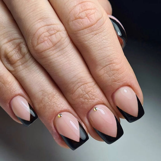 Elegant Soiree Short Square Two-Tone Pink and Black Press On Nails with Rhinestone Accents