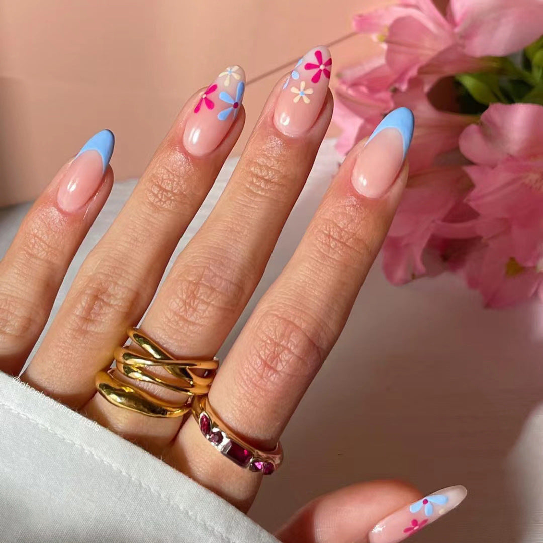 Spring Blossom Long Almond-Shaped Pastel Press-On Nail Set with Floral Accents