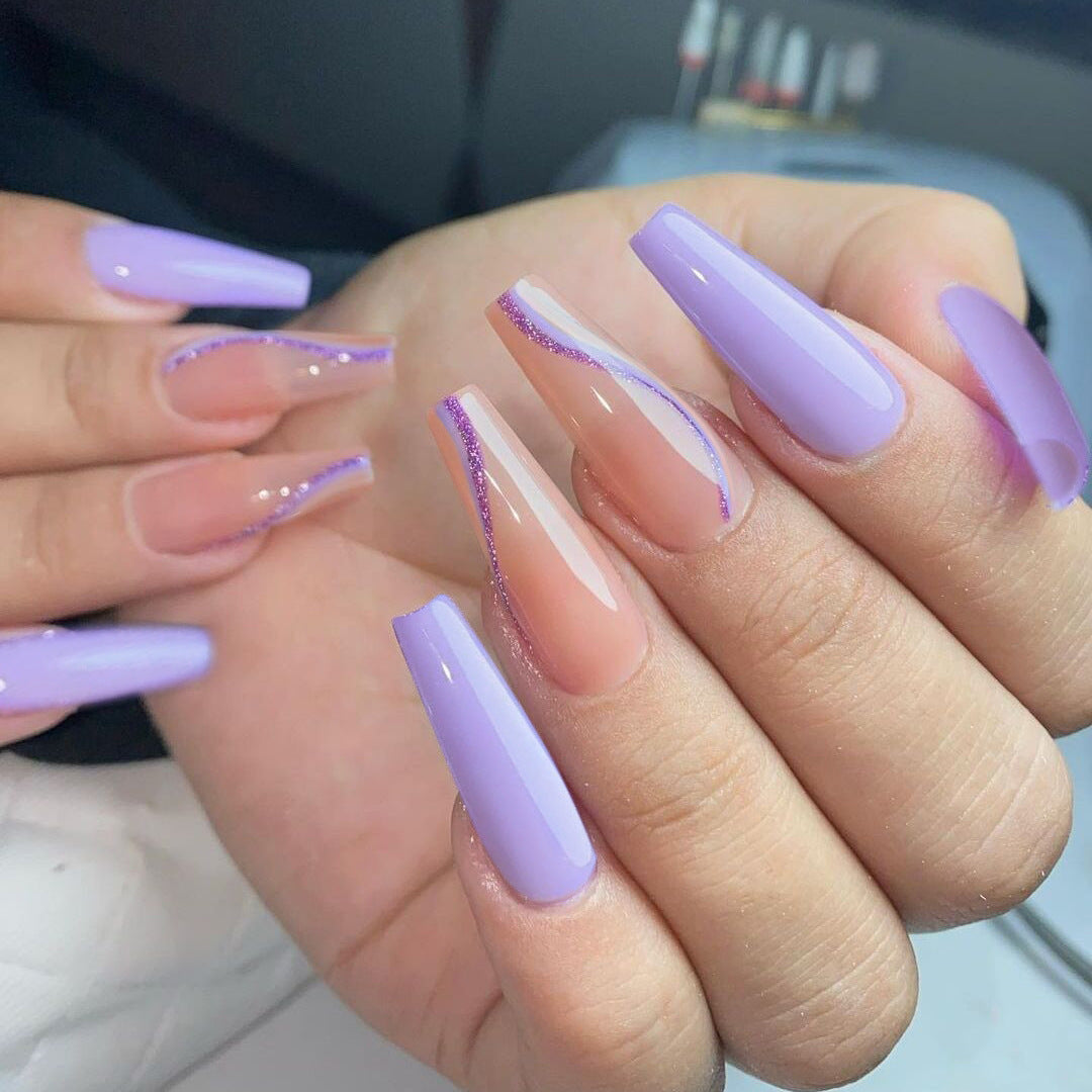 Lavender Dreams Long Coffin Shape Press On Nail Set with Purple Glitter Accent