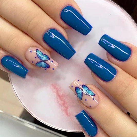 Butterfly Dreams Medium Coffin Blue and Beige Press On Nail Set with Floral Accents
