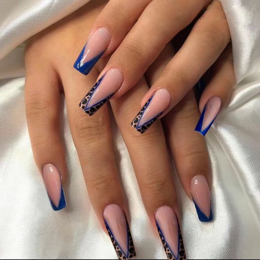 Elegant Affair Medium Square Beige and Blue Press On Nails with Leopard Print Detail