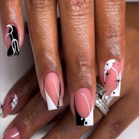 Flamingo Fantasy Medium Square Pink & Black Abstract Art Press On Nail Set