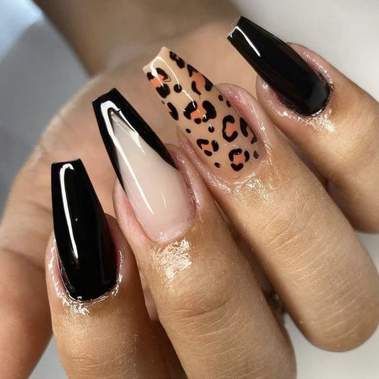 Safari Elegance Long Coffin Black and Beige Press On Nail Set with Leopard Print Accent