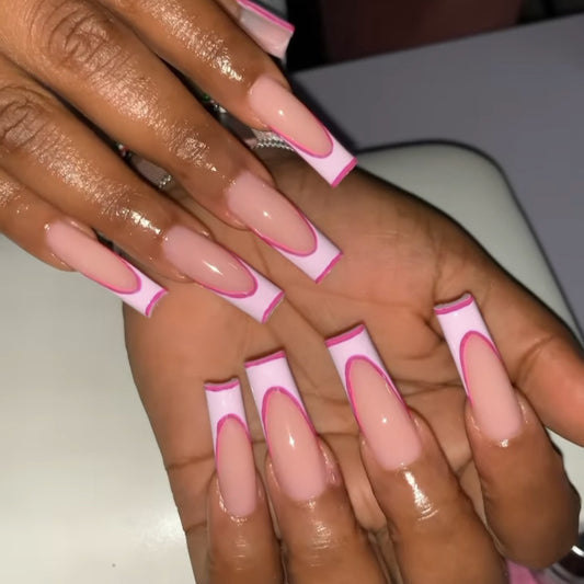 Elegant Soiree Long Square Shape Beige Color Press On Nails with Pink Accents and Glossy Finish