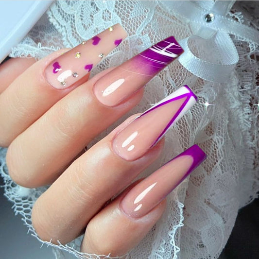 Enchanted Elegance Long Coffin Pink Press on Nails with Purple Accents and Rhinestone Embellishments