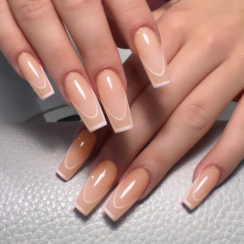 Elegant Affair Long Coffin Beige Press On Nail Set with French Tip Design