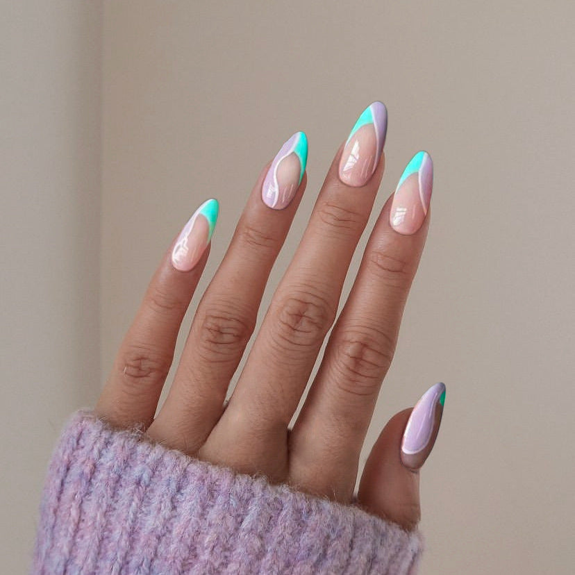 Mermaid Magic Medium Almond Iridescent Press-On Nails with Aqua Swirl Accents