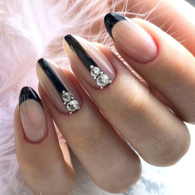 Elegant Evening Short Oval Black Press On Nails with Rhinestone Accents