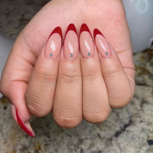 Glamour Night Long Almond Ombre Press On Nail Set with Rhinestone Accents in Red and Beige